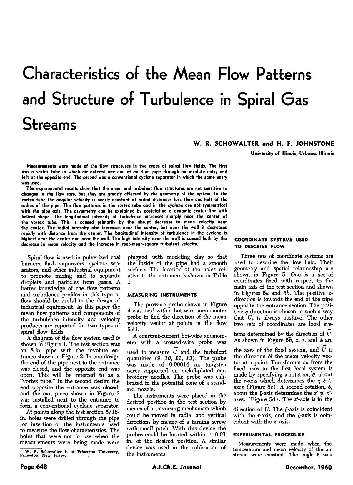 Characteristics of the mean flow patterns and structure of turbulence in spiral gas streams by Unknown