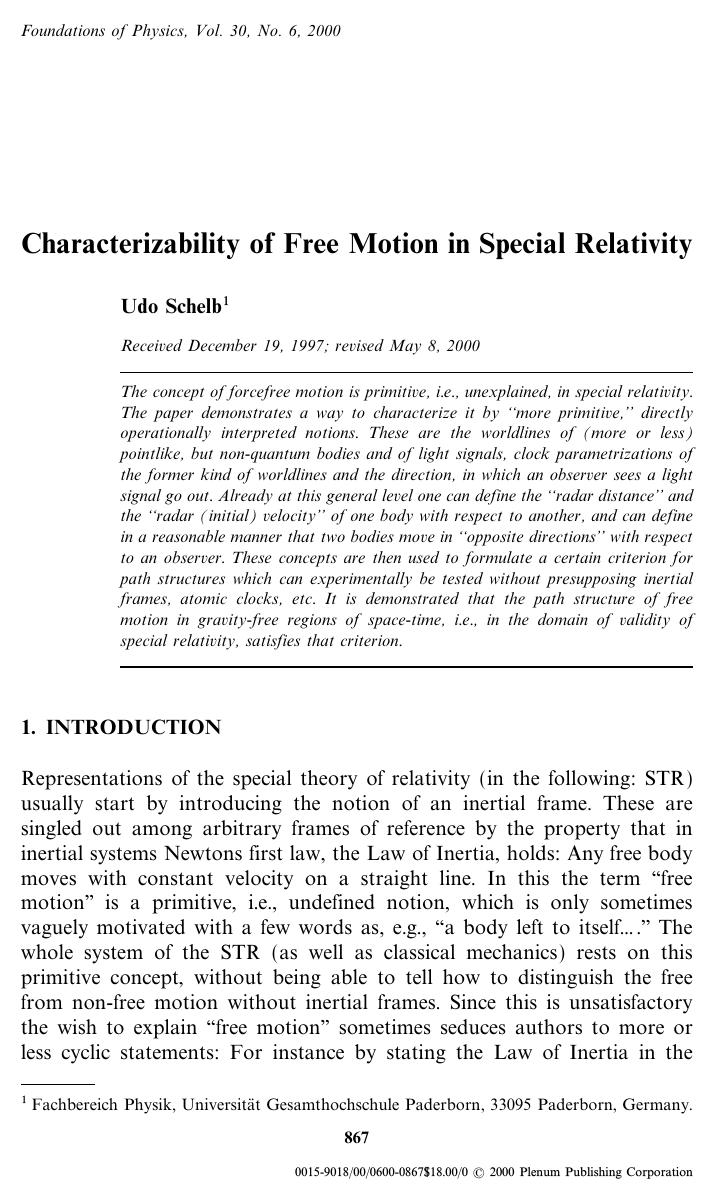 Characterizability of Free Motion in Special Relativity by Unknown