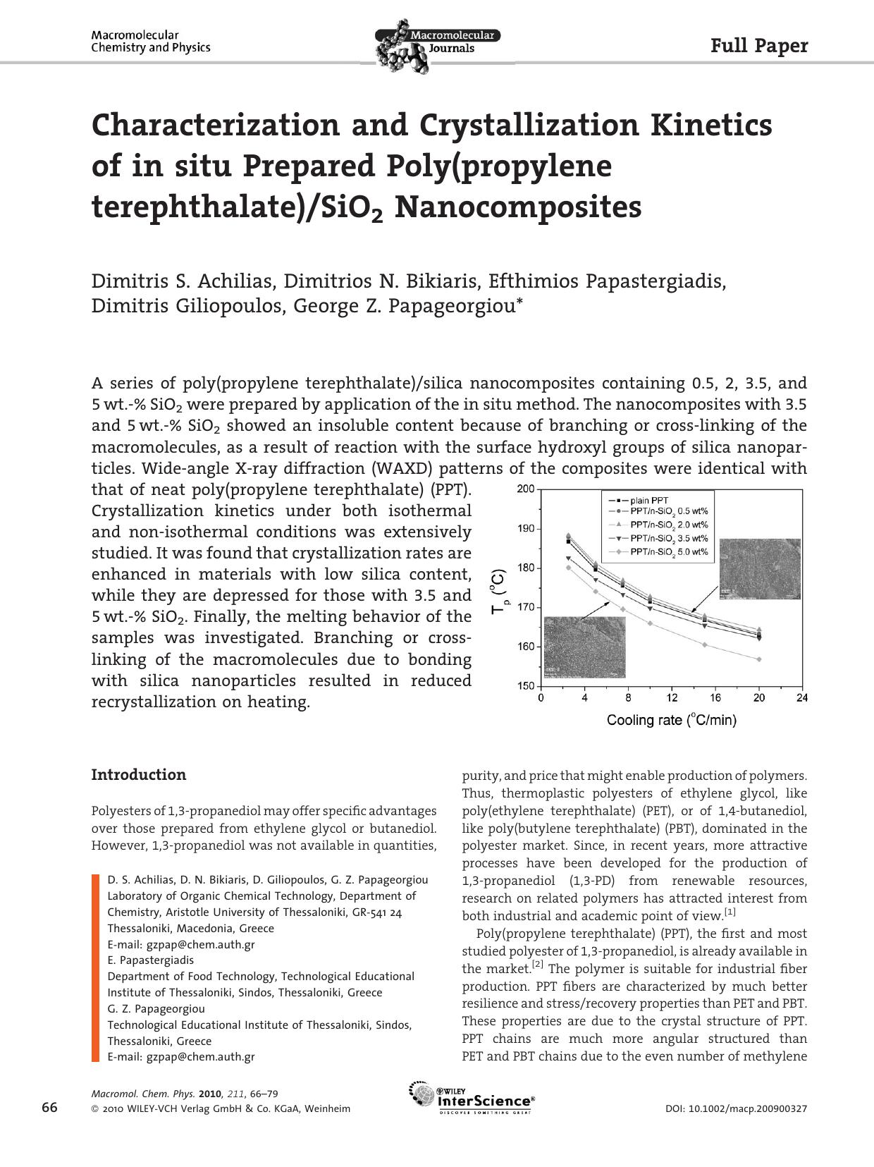 Characterization and Crystallization Kinetics of in situ Prepared Poly(propylene terephthalate)SiO2 Nanocomposites by Unknown