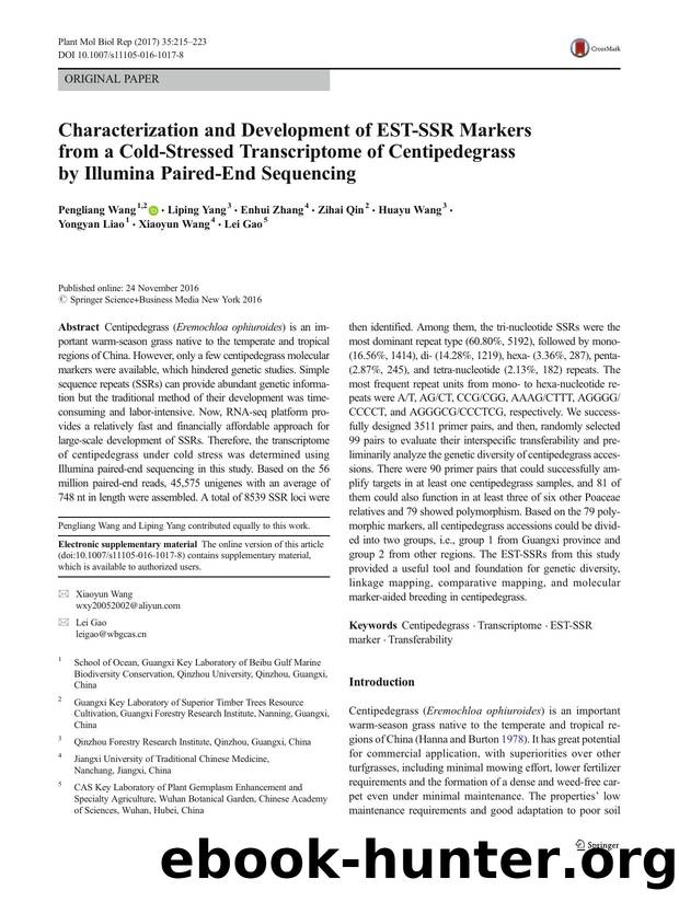 Characterization and Development of EST-SSR Markers from a Cold-Stressed Transcriptome of Centipedegrass by Illumina Paired-End Sequencing by unknow