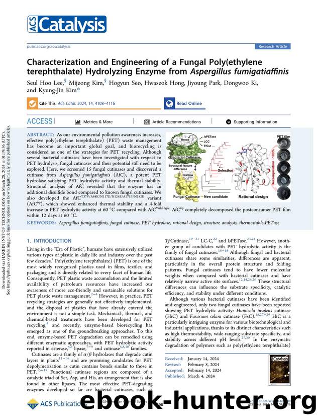Characterization and Engineering of a Fungal Poly(ethylene terephthalate) Hydrolyzing Enzyme from Aspergillus fumigatiaffinis by Seul Hoo Lee Mijeong Kim Hogyun Seo Hwaseok Hong Jiyoung Park Dongwoo Ki & Kyung-Jin Kim