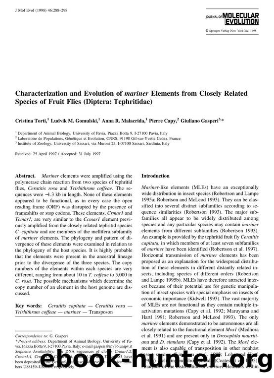 Characterization and Evolution of mariner Elements from Closely Related Species of Fruit Flies (Diptera: Tephritidae) by Torti C. et al