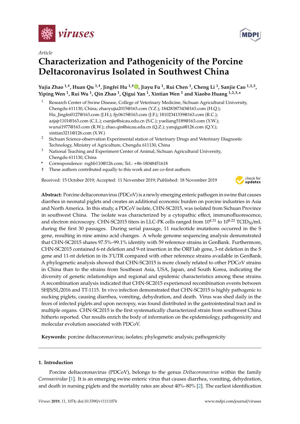 Characterization and Pathogenicity of the Porcine Deltacoronavirus Isolated in Southwest China by unknow