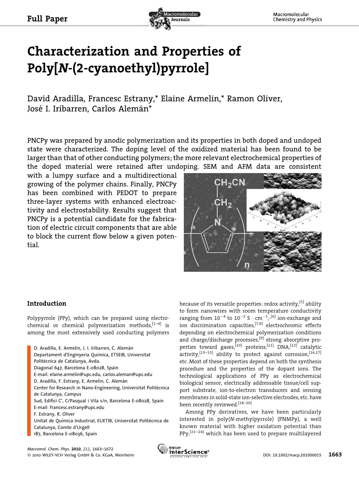 Characterization and Properties of Poly[N(2cyanoethyl)pyrrole] by Unknown