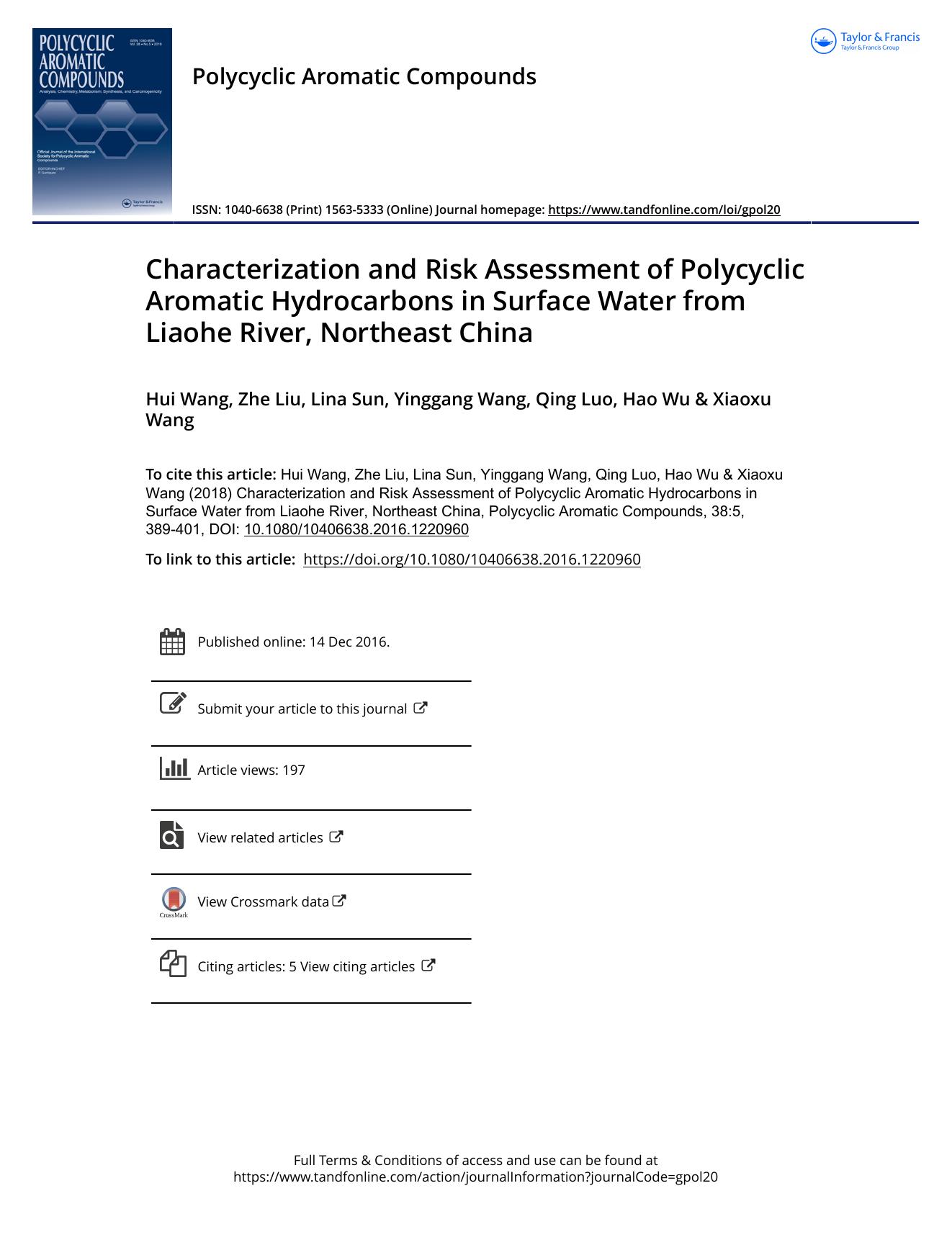 Characterization and Risk Assessment of Polycyclic Aromatic Hydrocarbons in Surface Water from Liaohe River, Northeast China by Hui Wang & Zhe Liu & Lina Sun & Yinggang Wang & Qing Luo & Hao Wu & Xiaoxu Wang