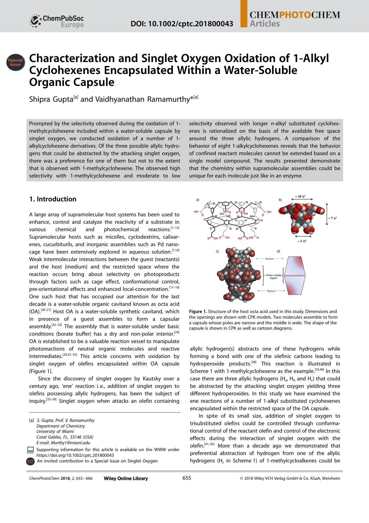Characterization and Singlet Oxygen Oxidation of 1âAlkyl Cyclohexenes Encapsulated Within a WaterâSoluble Organic Capsule by Unknown