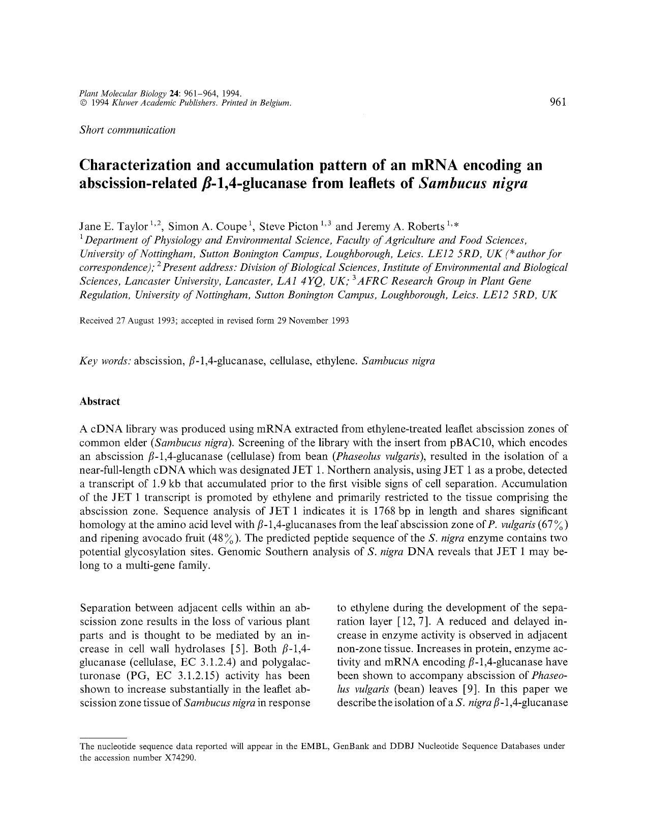 Characterization and accumulation pattern of an mRNA encoding an abscission-related &#x03B2;-1,4-glucanase from leaflets of <Emphasis Type="Italic">Sambucus nigra <Emphasis> by Unknown