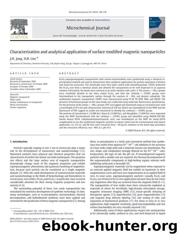 Characterization and analytical application of surface modified magnetic nanoparticles by J.H. Jang; H.B. Lim