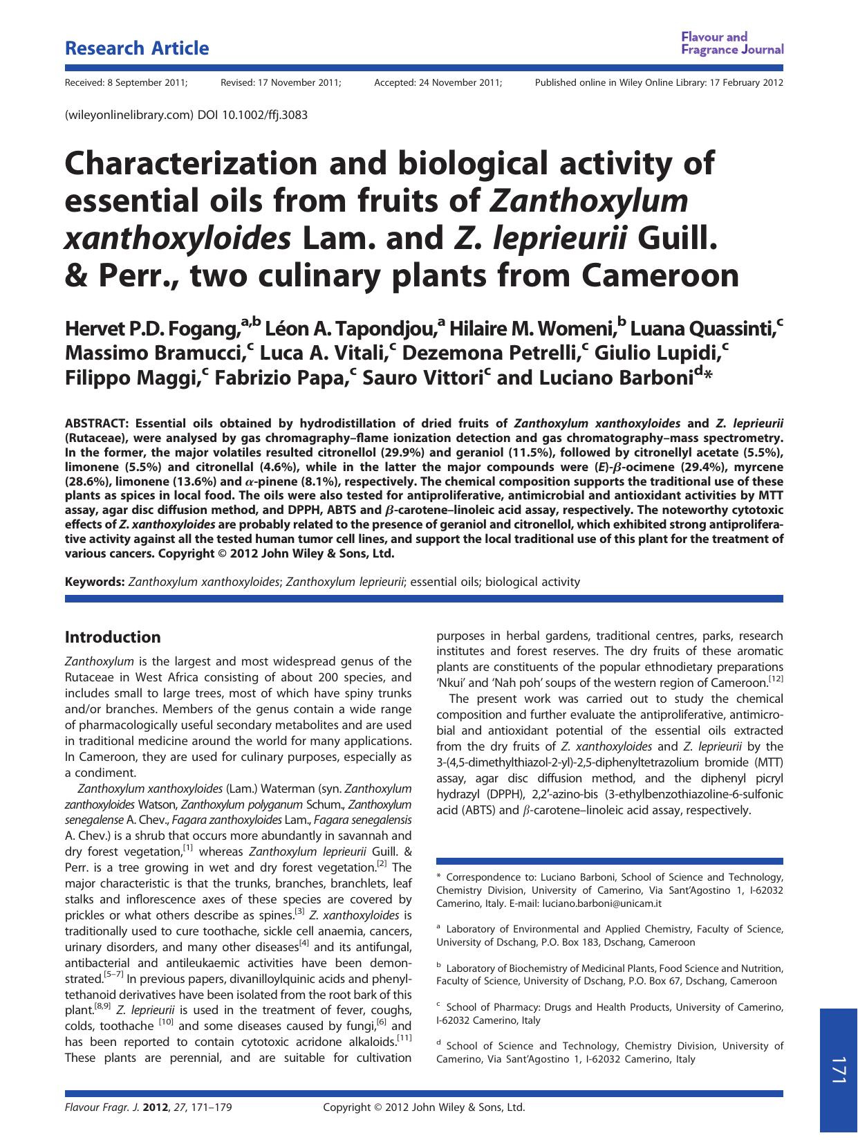 Characterization and biological activity of essential oils from fruits of Zanthoxylum xanthoxyloides Lam. and Z. leprieurii Guill. & Perr., two culinary plants from Cameroon by Unknown