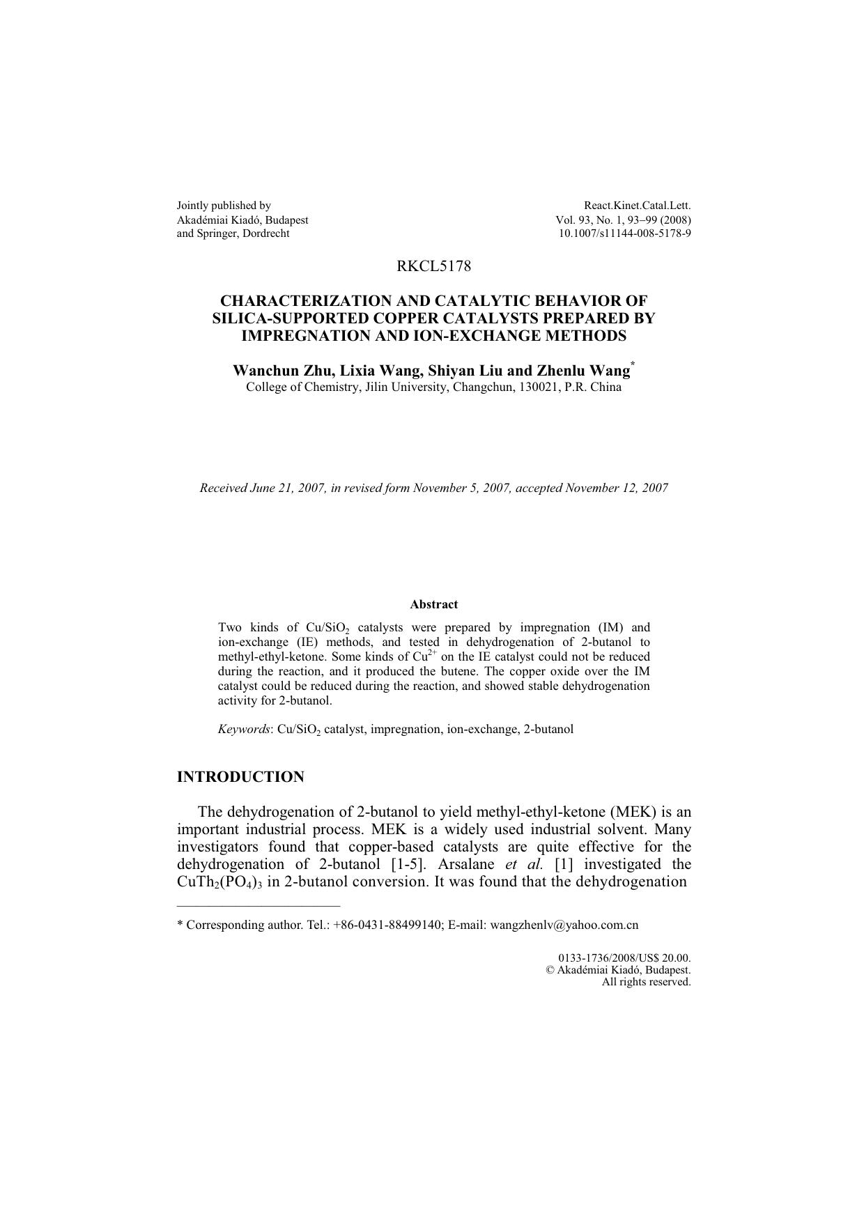 Characterization and catalytic behavior of silica-supported copper catalysts prepared by impregnation and ion-exchange methods by Unknown