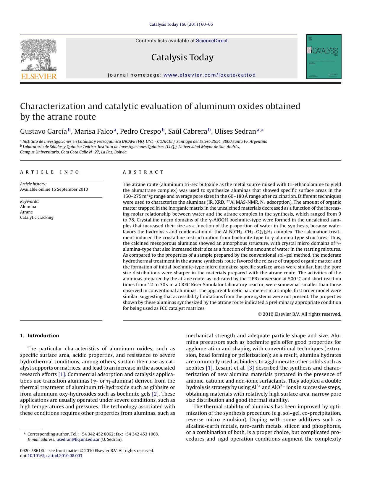 Characterization and catalytic evaluation of aluminum oxides obtained by the atrane route by Gustavo GarcÃ­a