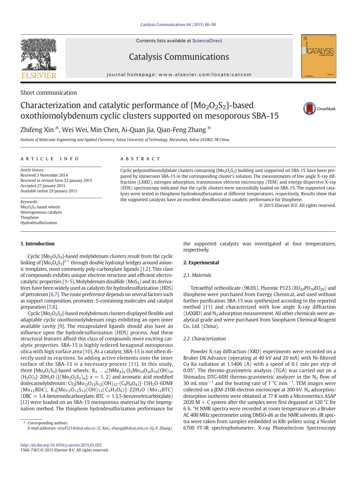 Characterization and catalytic performance of {Mo2O2S2}-based oxothiomolybdenum cyclic clusters supported on mesoporous SBA-15 by Zhifeng Xin & Wei Wei & Min Chen & Ai-Quan Jia & Qian-Feng Zhang