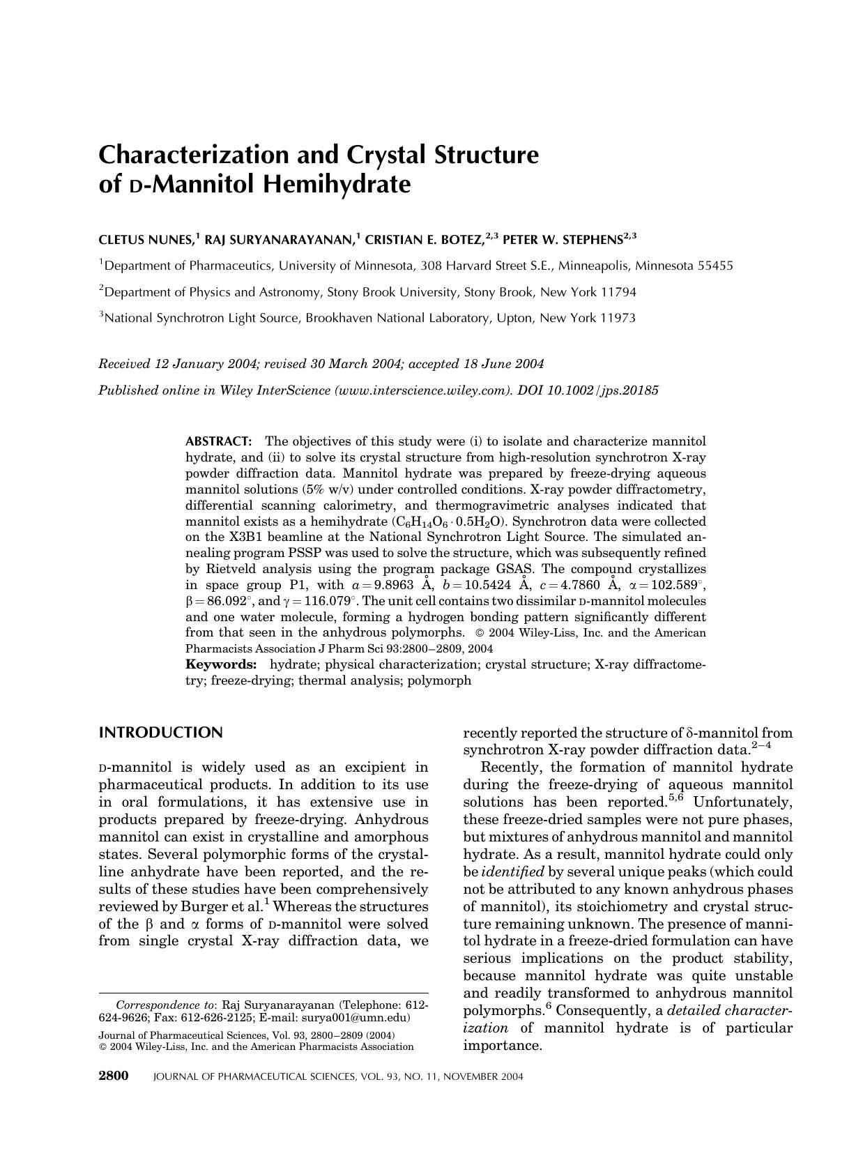 Characterization and crystal structure of D-mannitol hemihydrate by Unknown