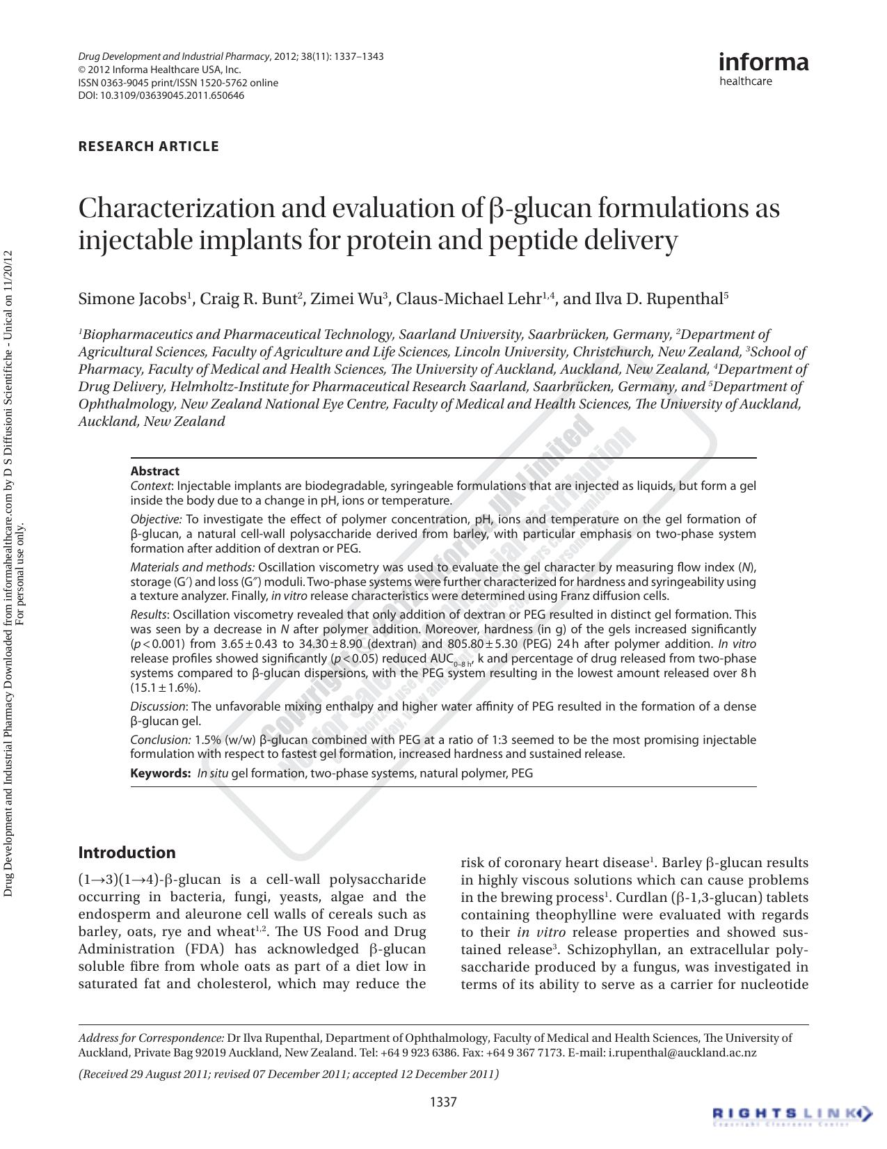 Characterization and evaluation of Î²-glucan formulations as injectable implants for protein and peptide delivery by Simone Jacobs Craig R. Bunt Zimei Wu Claus-Michael Lehr & Ilva D. Rupenthal