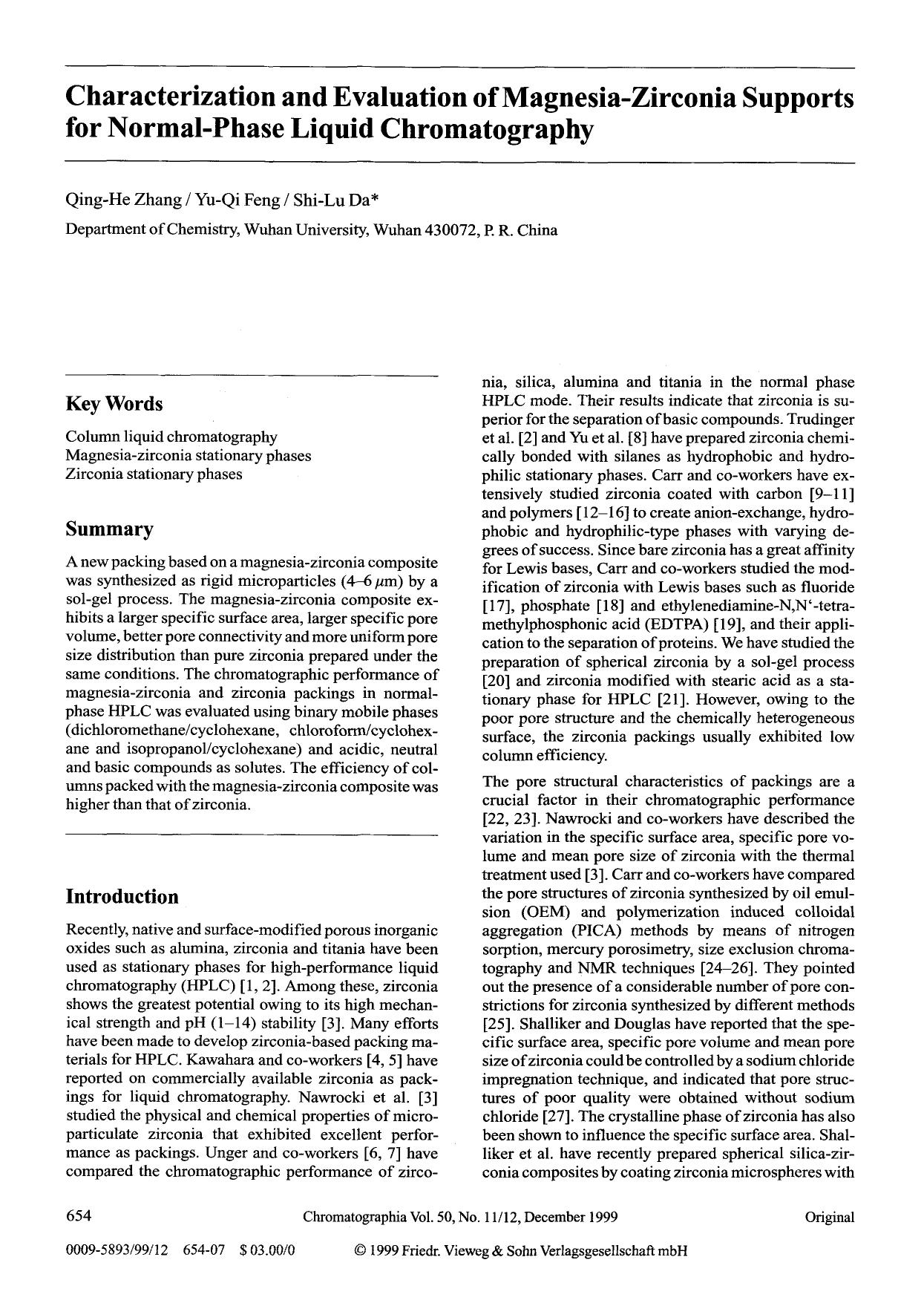 Characterization and evaluation of magnesia-zirconia supports for normal-phase liquid chromatography by Unknown