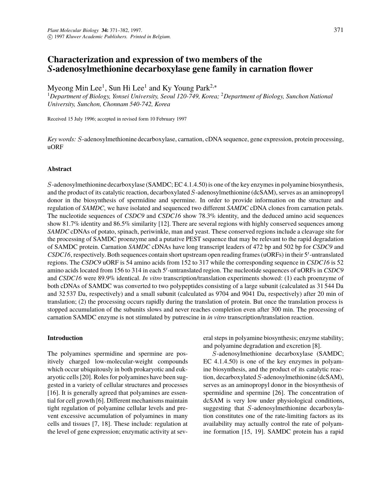 Characterization and expression of two members of the S-adenosylmethionine decarboxylase gene family in carnation flower by Unknown