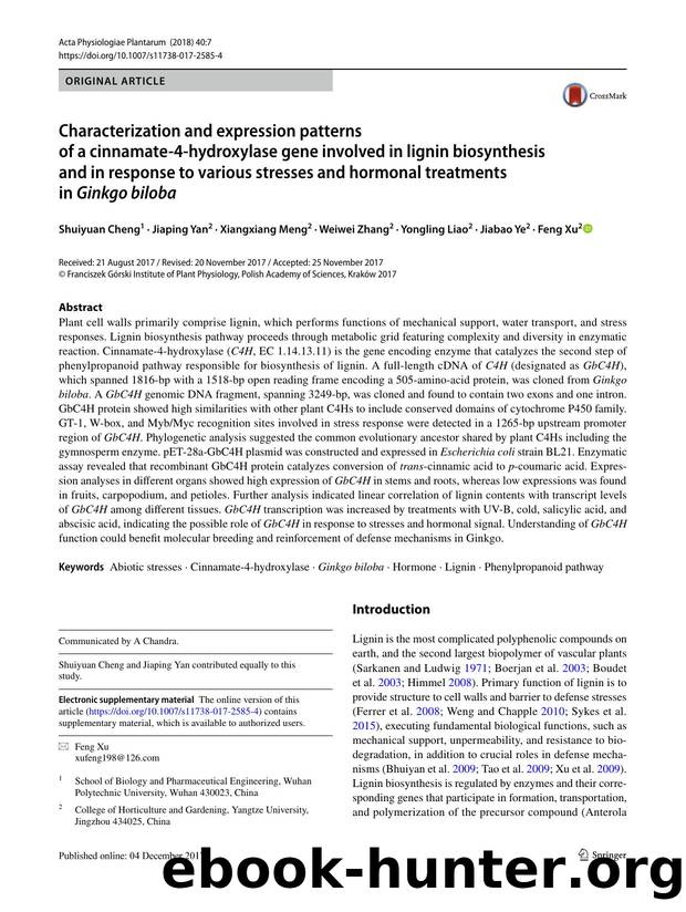Characterization and expression patterns of a cinnamate-4-hydroxylase gene involved in lignin biosynthesis and in response to various stresses and hormonal treatments in Ginkgo biloba by unknow
