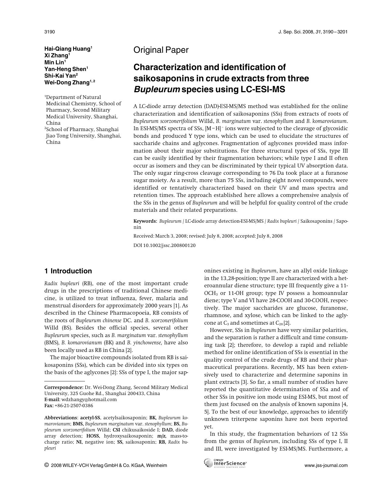 Characterization and identification of saikosaponins in crude extracts from three Bupleurum species using LC-ESI-MS by Unknown