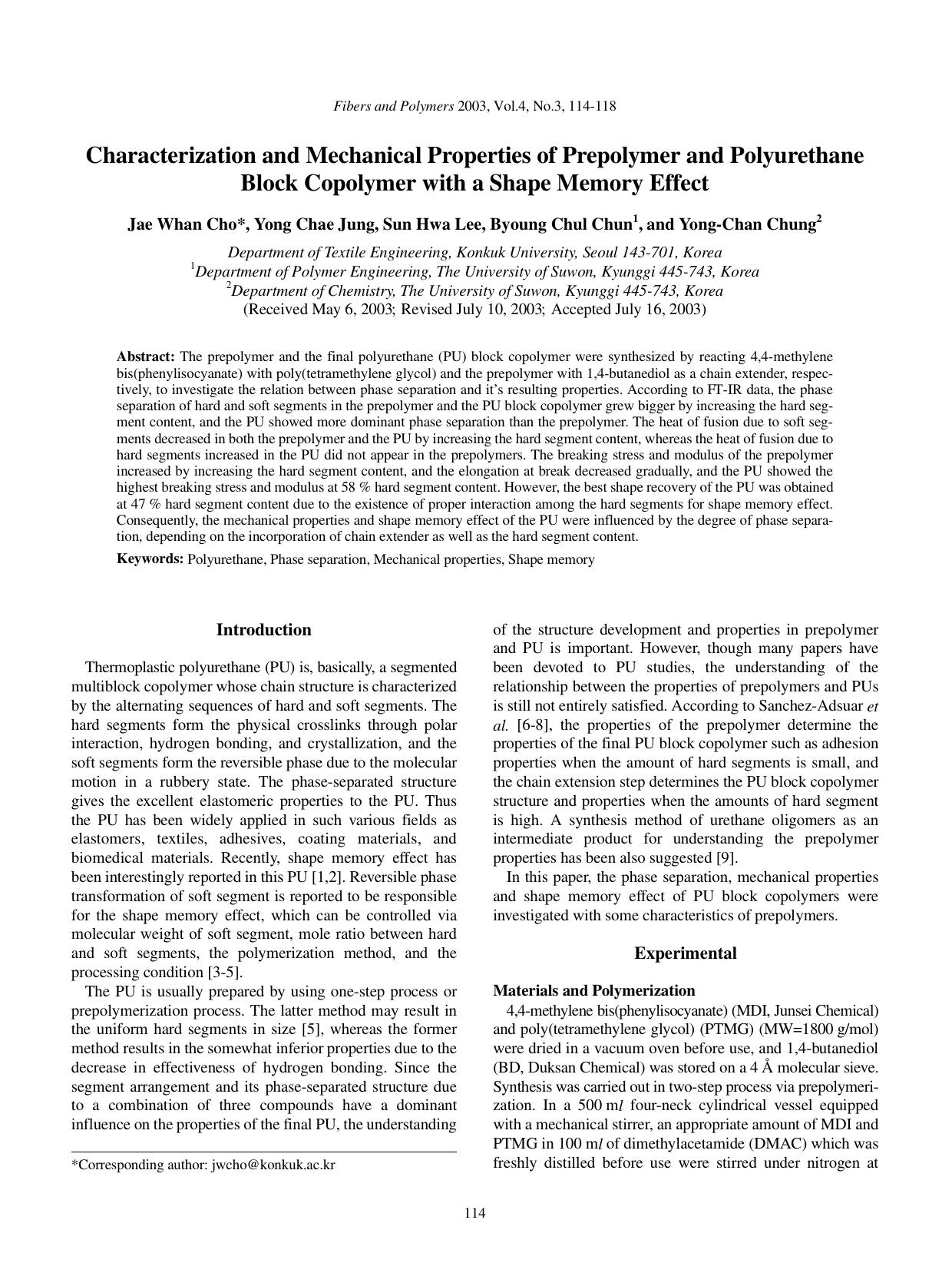 Characterization and mechanical properties of prepolymer and polyurethane block copolymer with a shape memory effect by Unknown
