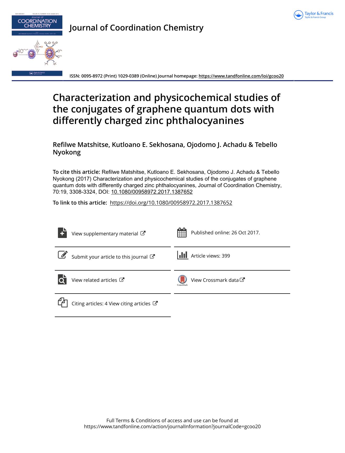 Characterization and physicochemical studies of the conjugates of graphene quantum dots with differently charged zinc phthalocyanines by Refilwe Matshitse & Kutloano E. Sekhosana & Ojodomo J. Achadu & Tebello Nyokong