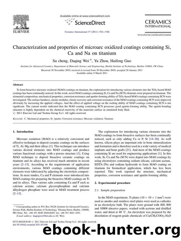 Characterization and properties of microarc oxidized coatings containing Si, Ca and Na on titanium by Su cheng