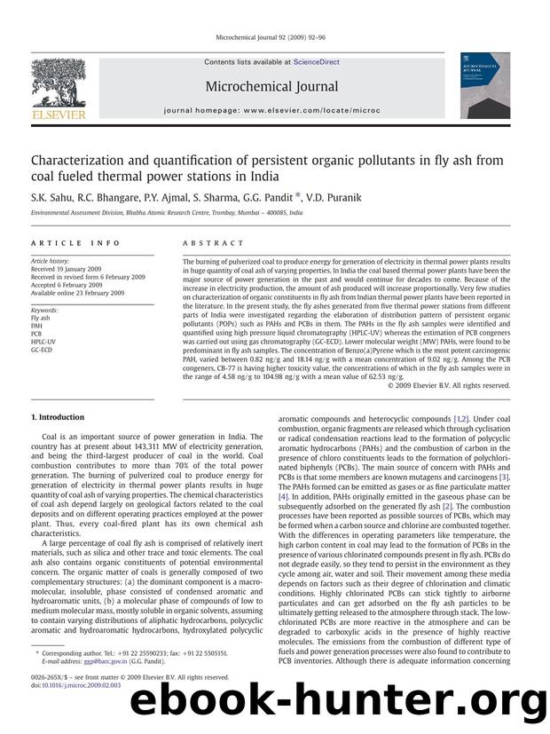 Characterization and quantification of persistent organic pollutants in fly ash from coal fueled thermal power stations in India by S.K. Sahu; R.C. Bhangare; P.Y. Ajmal; S. Sharma; G.G. Pandit; V.D. Puranik