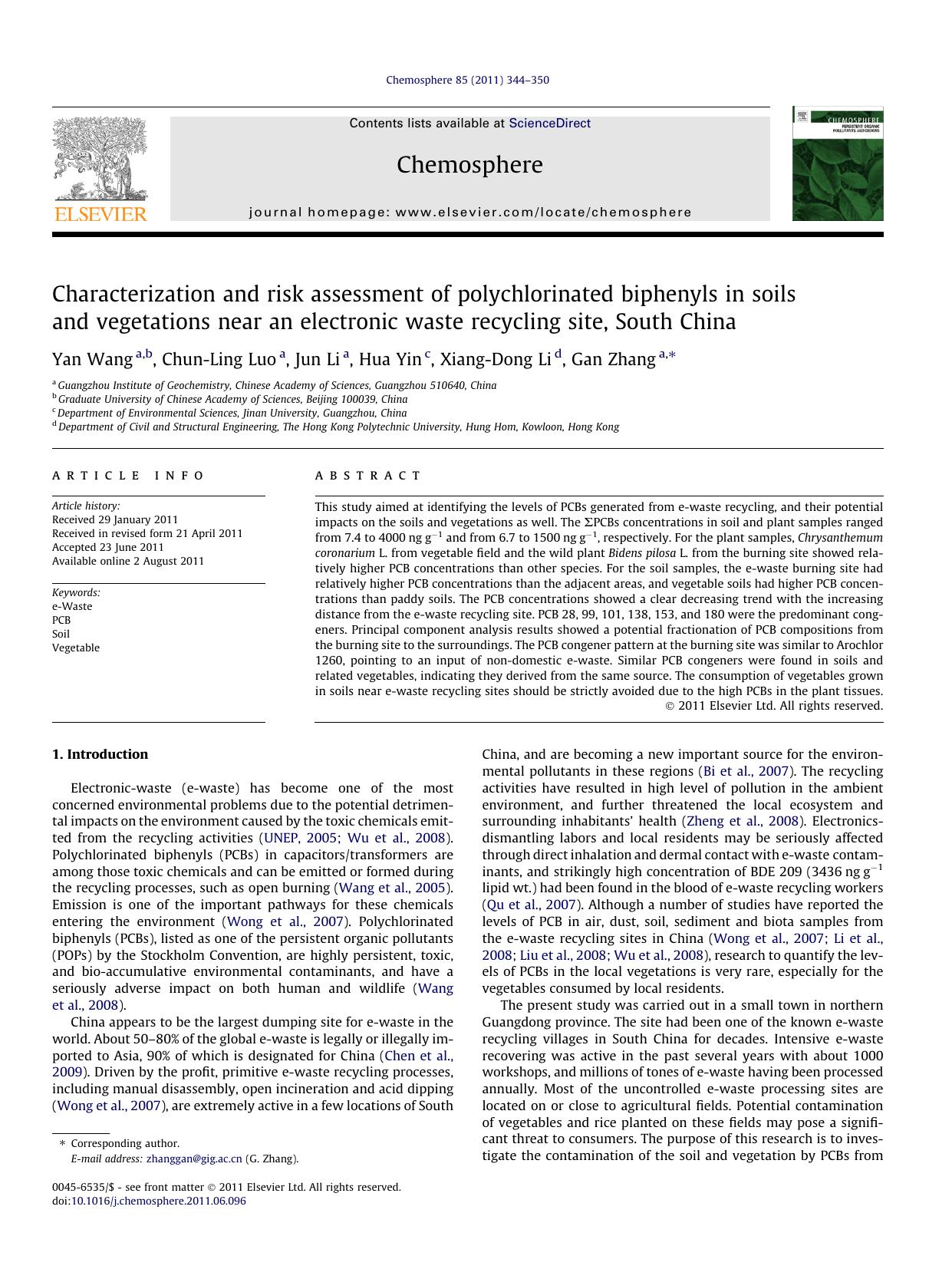 Characterization and risk assessment of polychlorinated biphenyls in soils and vegetations near an electronic waste recycling site, South China by Yan Wang & Chun-Ling Luo & Jun Li & Hua Yin & Xiang-Dong Li & Gan Zhang