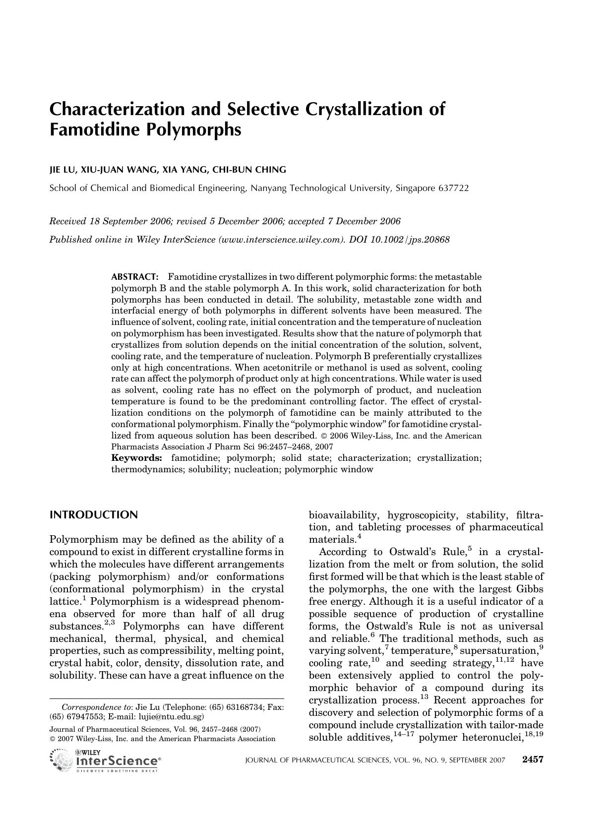 Characterization and selective crystallization of famotidine polymorphs by Unknown