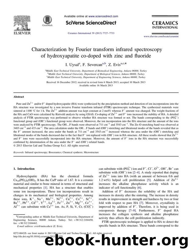 Characterization by Fourier transform infrared spectroscopy of hydroxyapatite co-doped with zinc and fluoride by I. Uysal & F. Severcan & Z. Evis