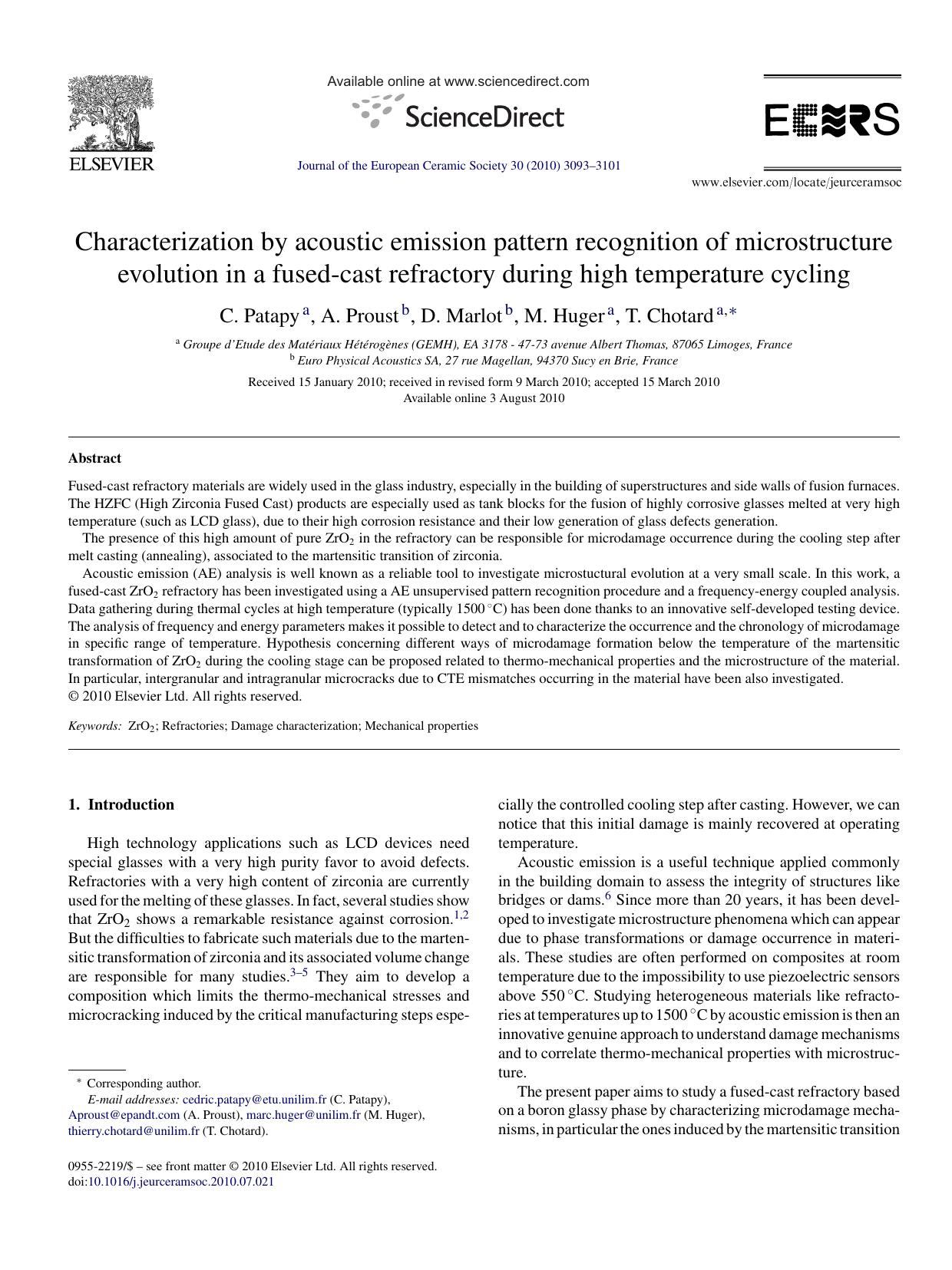 Characterization by acoustic emission pattern recognition of microstructure evolution in a fused-cast refractory during high temperature cycling by C. Patapy