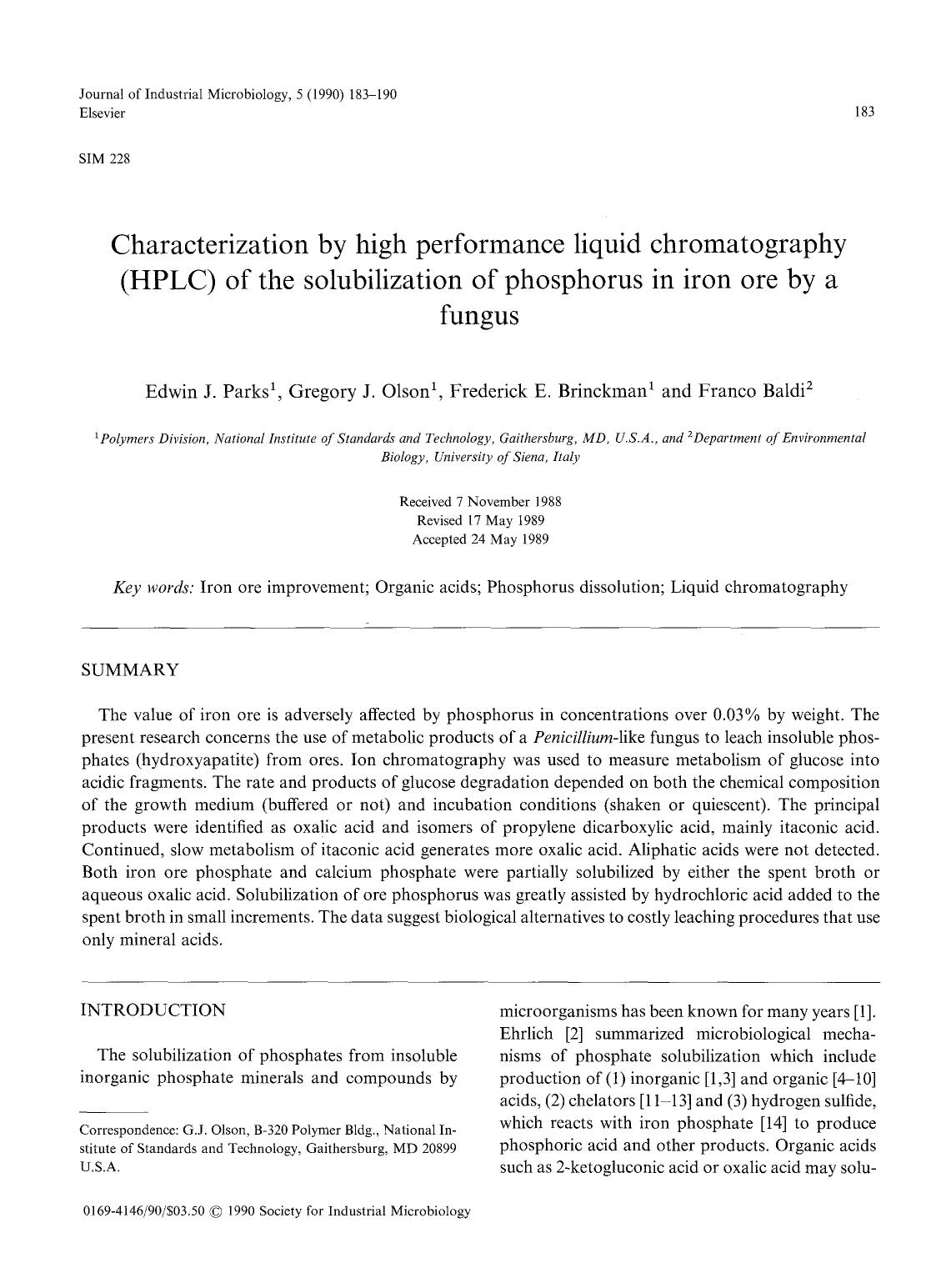 Characterization by high performance liquid chromatography (HPLC) of the solubilization of phosphorus in iron ore by a fungus by Unknown