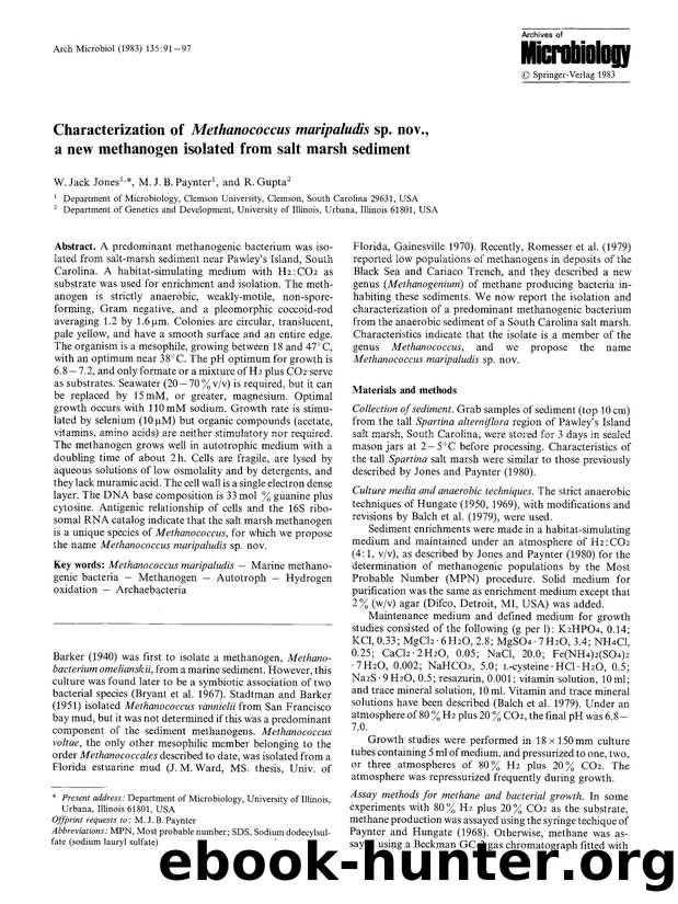 Characterization of <Emphasis Type="Italic">Methanococcus maripaludis<Emphasis> sp. nov., a new methanogen isolated from salt marsh sediment by Unknown