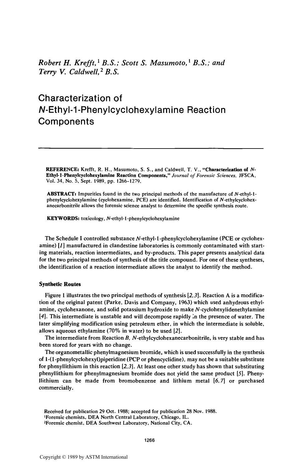 Characterization of <I>N<I>-Ethyl-1-Phenylcyclohexylamine Reaction Components by Krefft RH Masumoto SS Caldwell TV