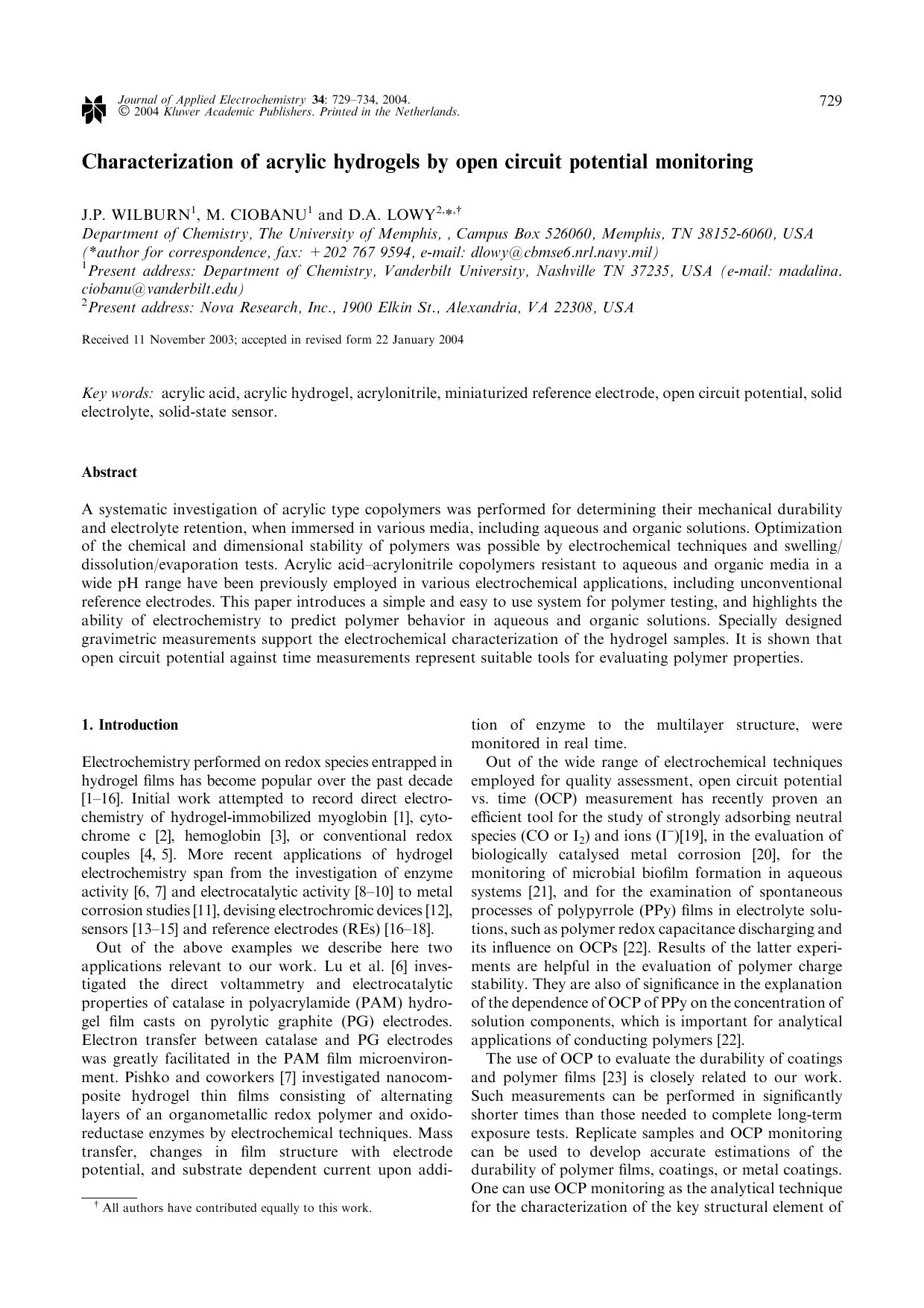 Characterization of Acrylic Hydrogels by Open Circuit Potential Monitoring by Unknown