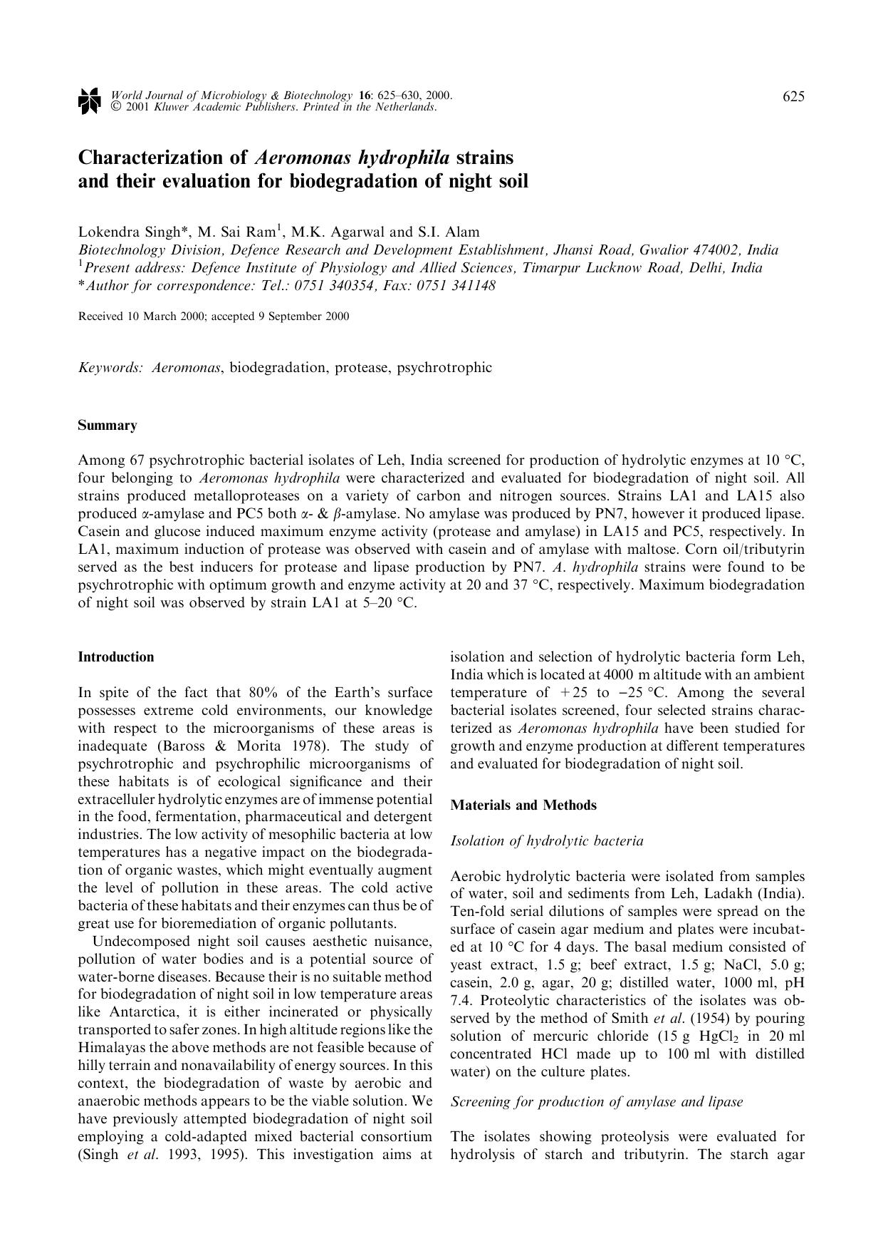 Characterization of Aeromonas hydrophila strains and their evaluation for biodegradation of night soil by Unknown