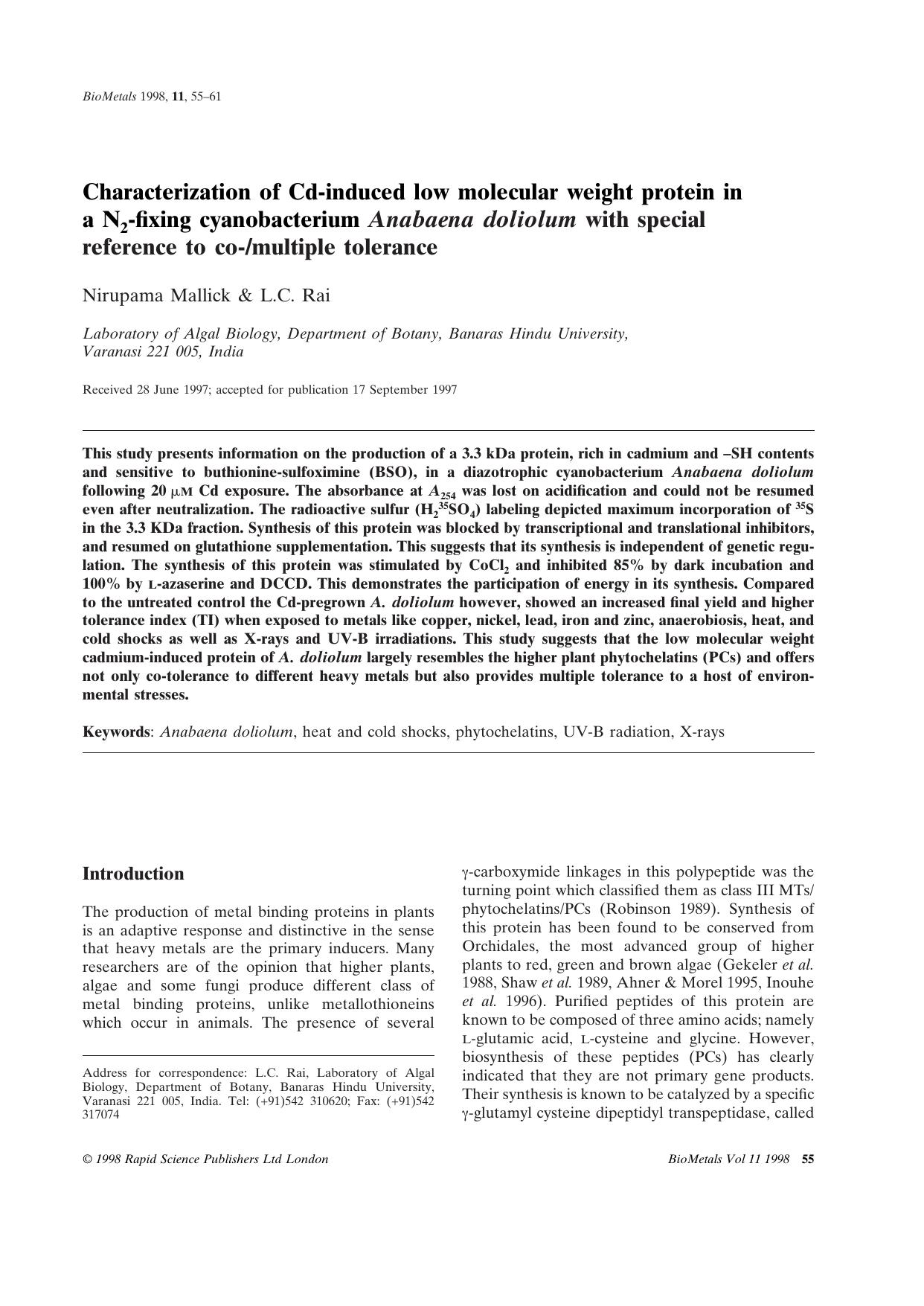 Characterization of Cd-induced low molecular weight protein in a N-fixing cyanobacterium Anabaena doliolum with special reference to co-multiple tolerance by Unknown