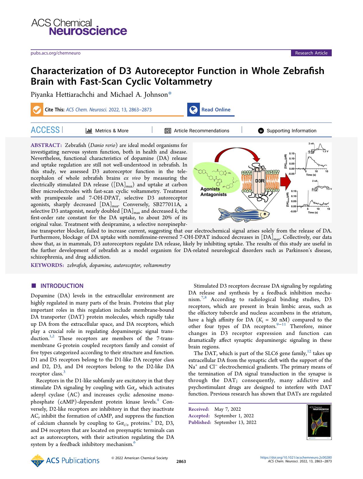 Characterization of D3 Autoreceptor Function in Whole Zebrafish Brain with Fast-Scan Cyclic Voltammetry by Piyanka Hettiarachchi and Michael A. Johnson