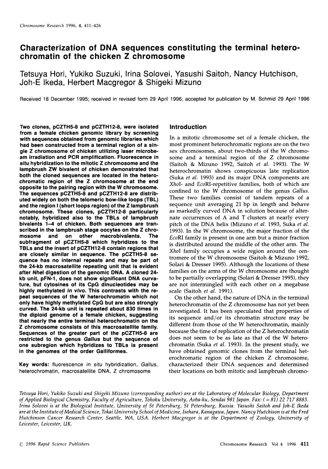 Characterization of DNA sequences constituting the terminal heterochromatin of the chicken Z chromosome by Unknown