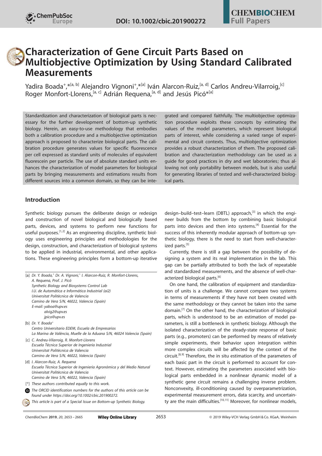 Characterization of Gene Circuit Parts Based on Multiobjective Optimization by Using Standard Calibrated Measurements by Unknown