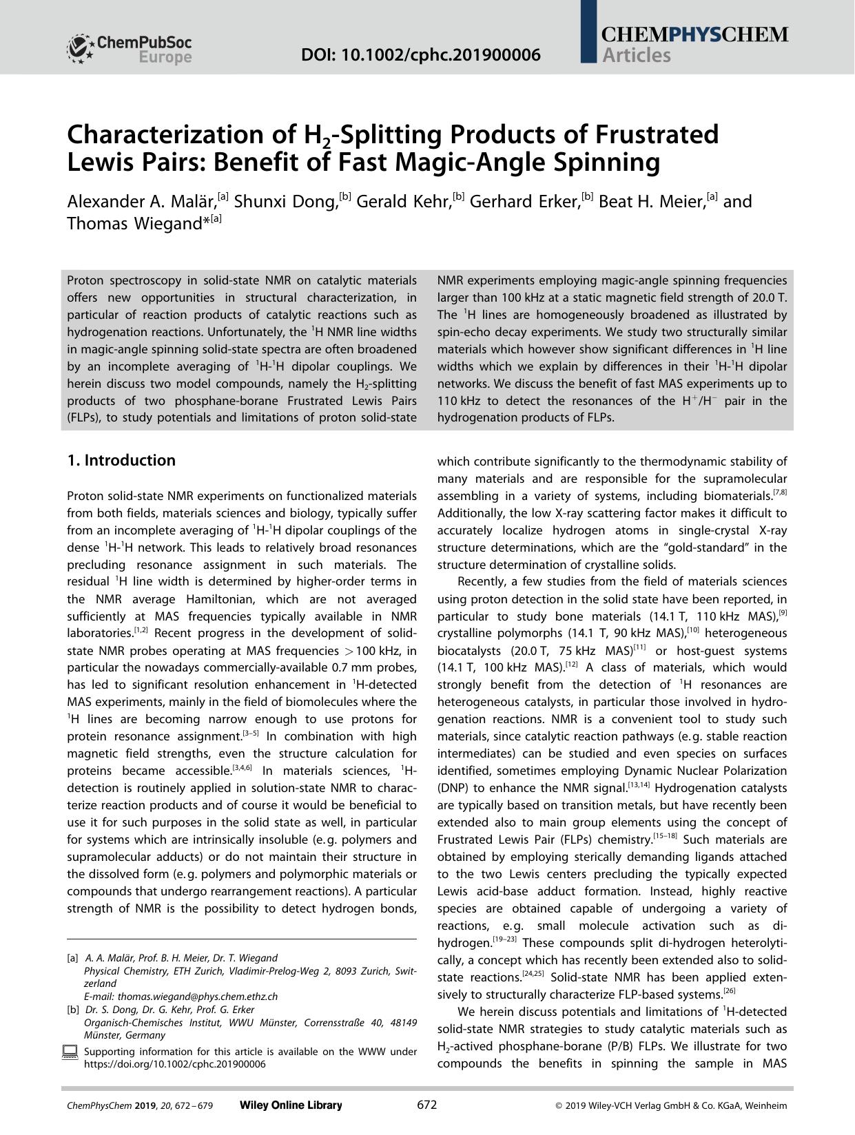 Characterization of H2âSplitting Products of Frustrated Lewis Pairs: Benefit of Fast MagicâAngle Spinning by Unknown