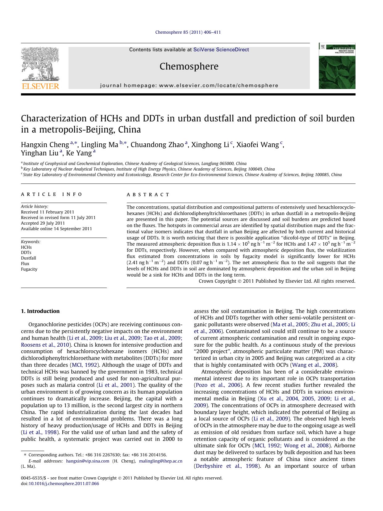 Characterization of HCHs and DDTs in urban dustfall and prediction of soil burden in a metropolis-Beijing, China by Hangxin Cheng & Lingling Ma & Chuandong Zhao & Xinghong Li & Xiaofei Wang & Yinghan Liu & Ke Yang