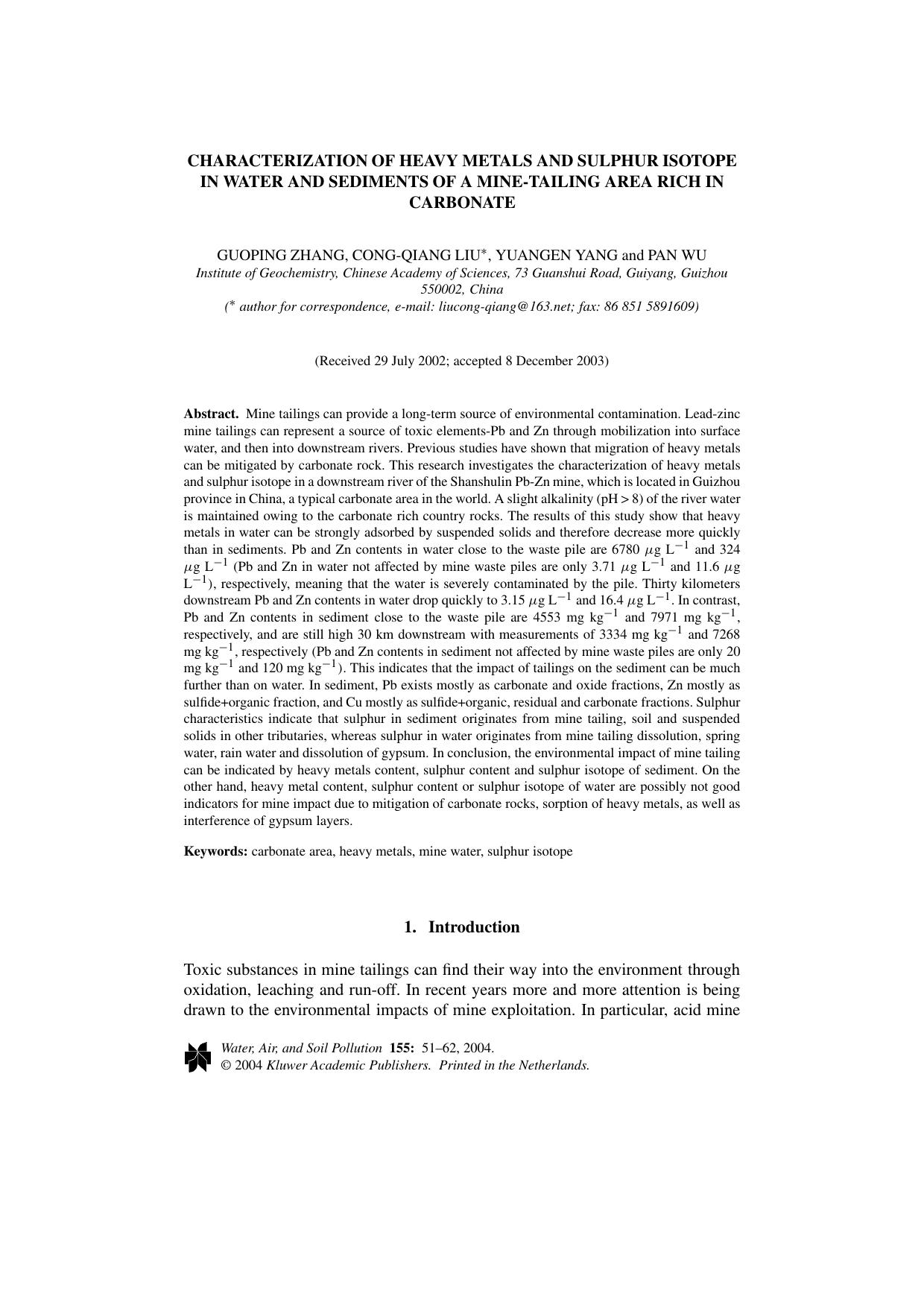 Characterization of Heavy Metals and Sulphur Isotope in Water and Sediments of a Mine-Tailing Area Rich in Carbonate by Unknown