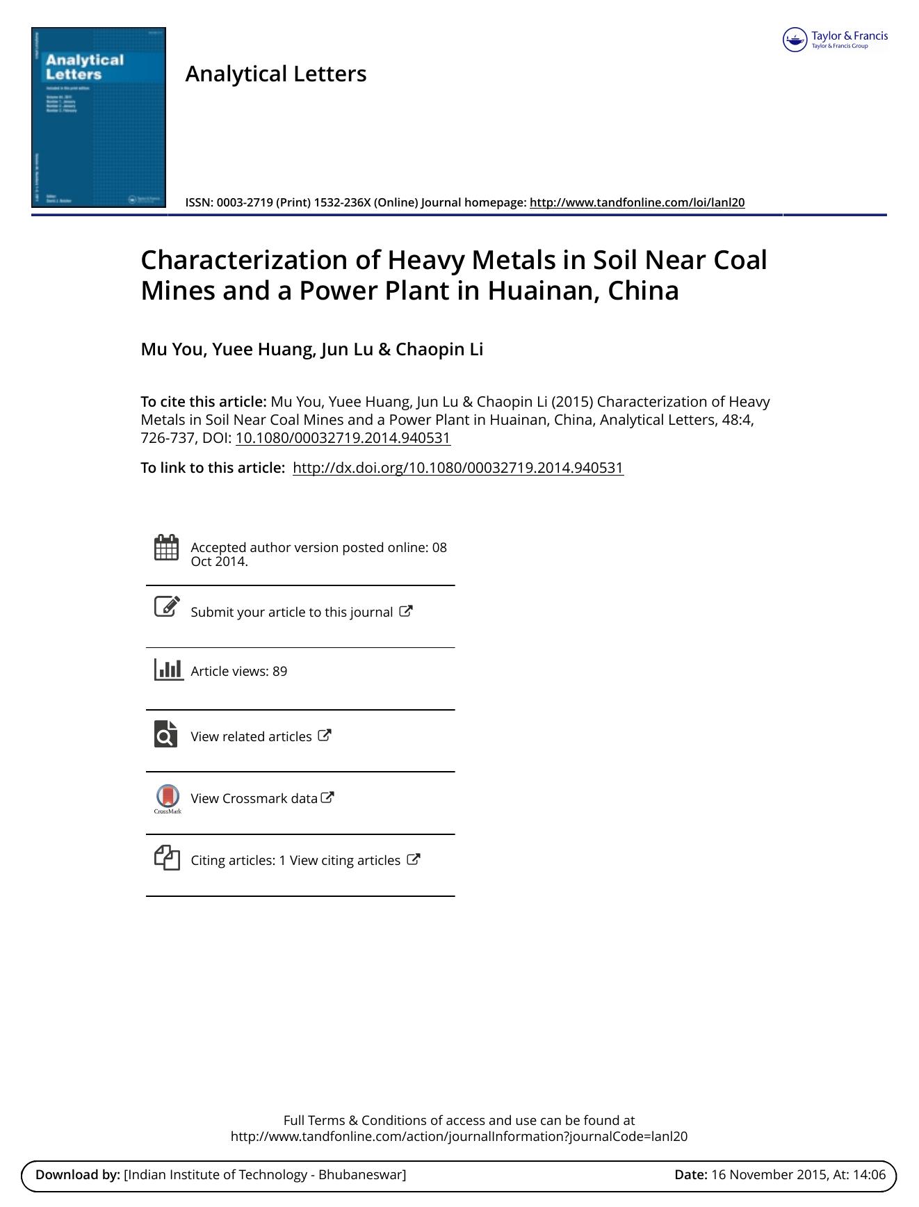 Characterization of Heavy Metals in Soil Near Coal Mines and a Power Plant in Huainan, China by Mu You