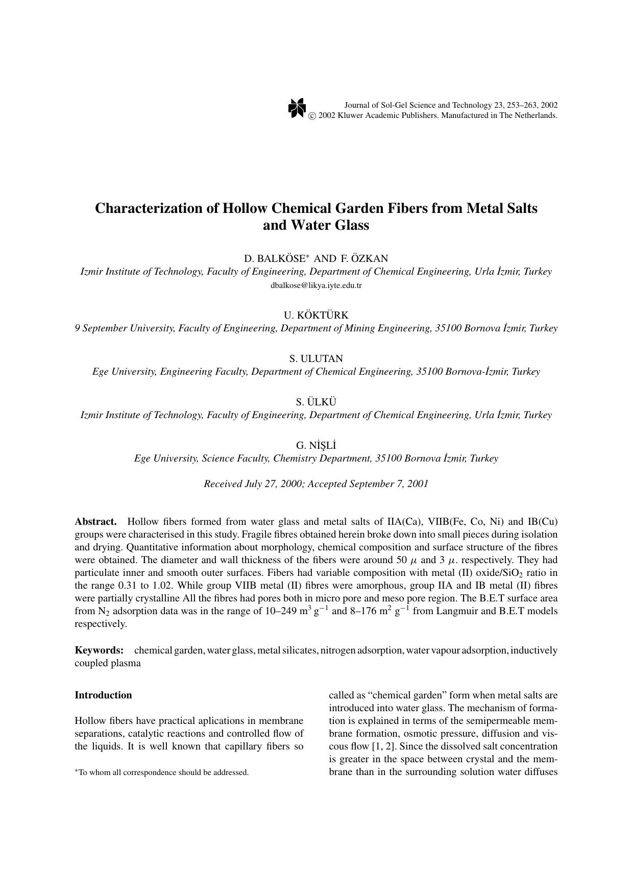 Characterization of Hollow Chemical Garden Fibers from Metal Salts and Water Glass by Unknown