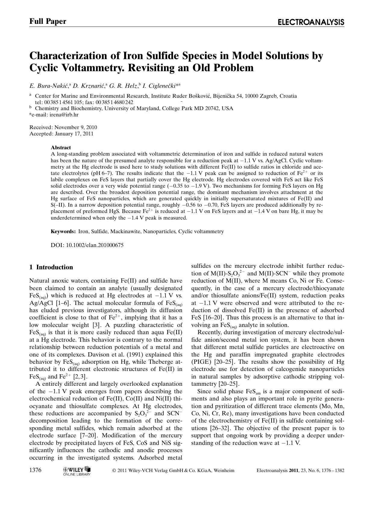 Characterization of Iron Sulfide Species in Model Solutions by Cyclic Voltammetry. Revisiting an Old Problem by Unknown
