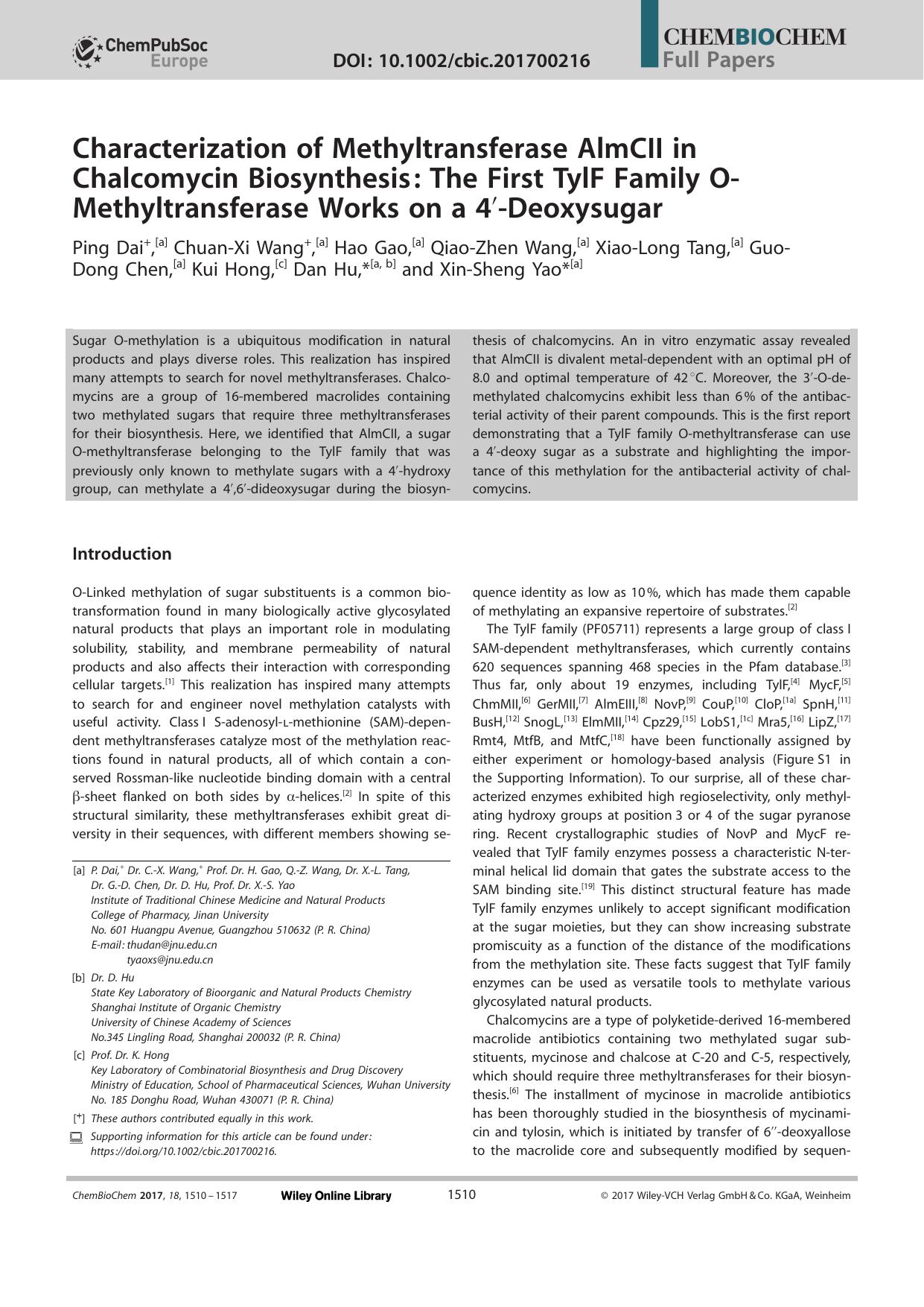 Characterization of Methyltransferase AlmCII in Chalcomycin Biosynthesis: The First TylF Family OâMethyltransferase Works on a 4â²âDeoxysugar by Unknown