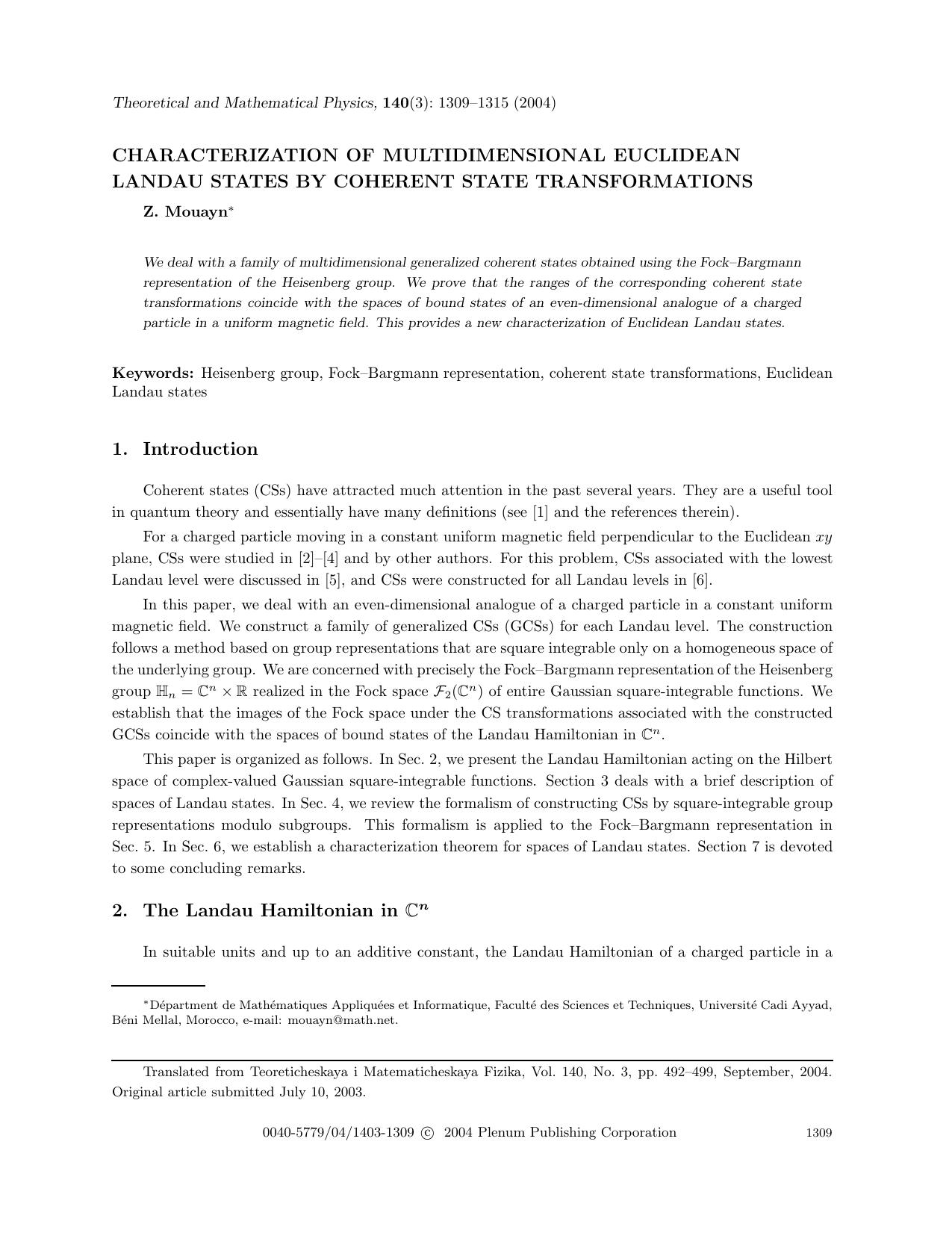 Characterization of Multidimensional Euclidean Landau States by Coherent State Transformations by Unknown