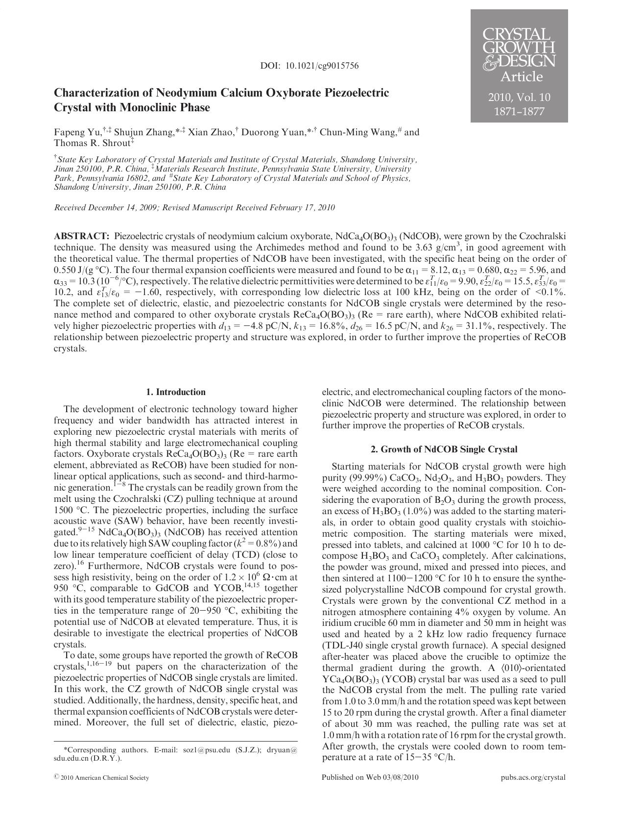 Characterization of Neodymium Calcium Oxyborate Piezoelectric Crystal with Monoclinic Phase by Unknown