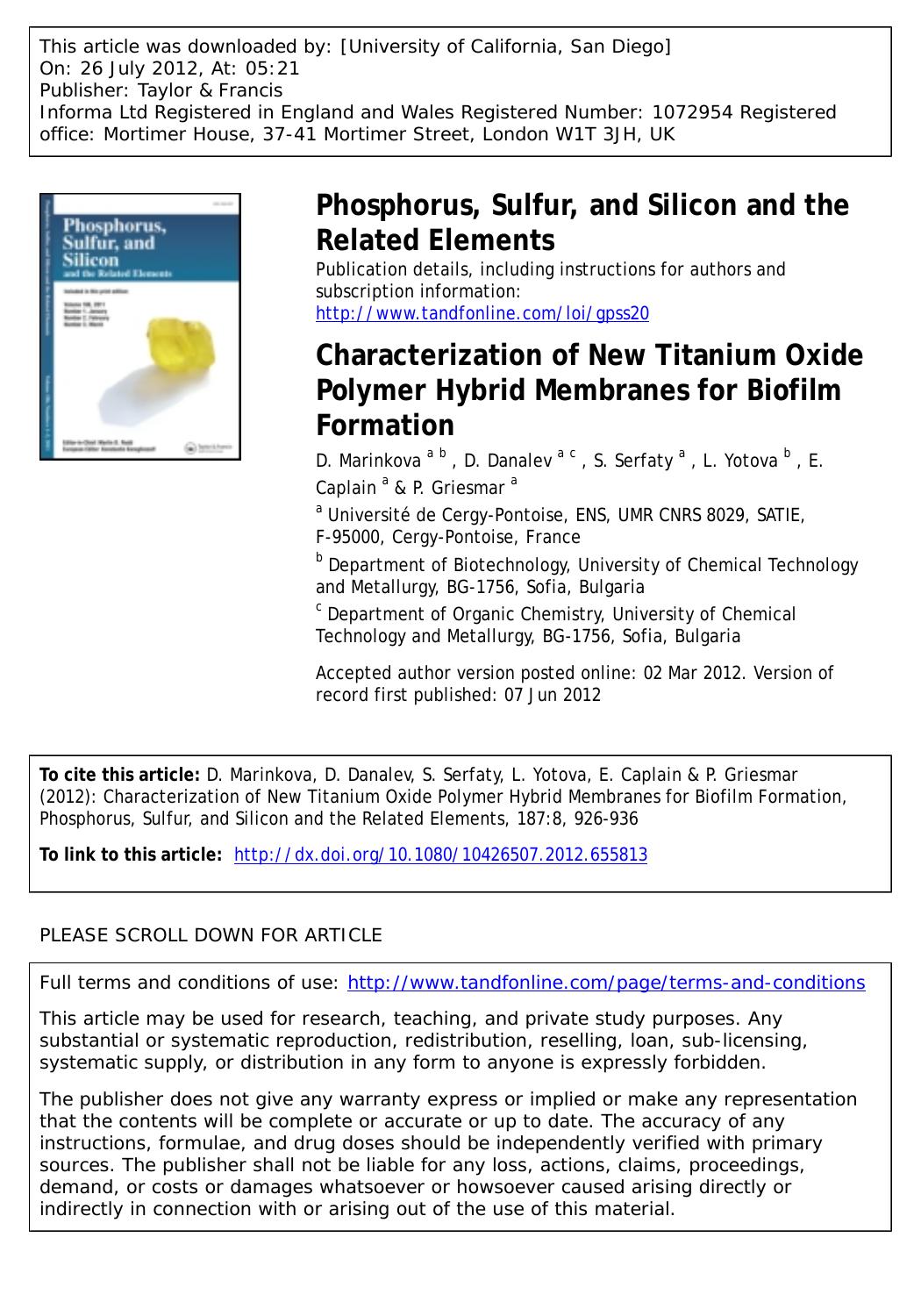 Characterization of New Titanium Oxide Polymer Hybrid Membranes for Biofilm Formation by unknow