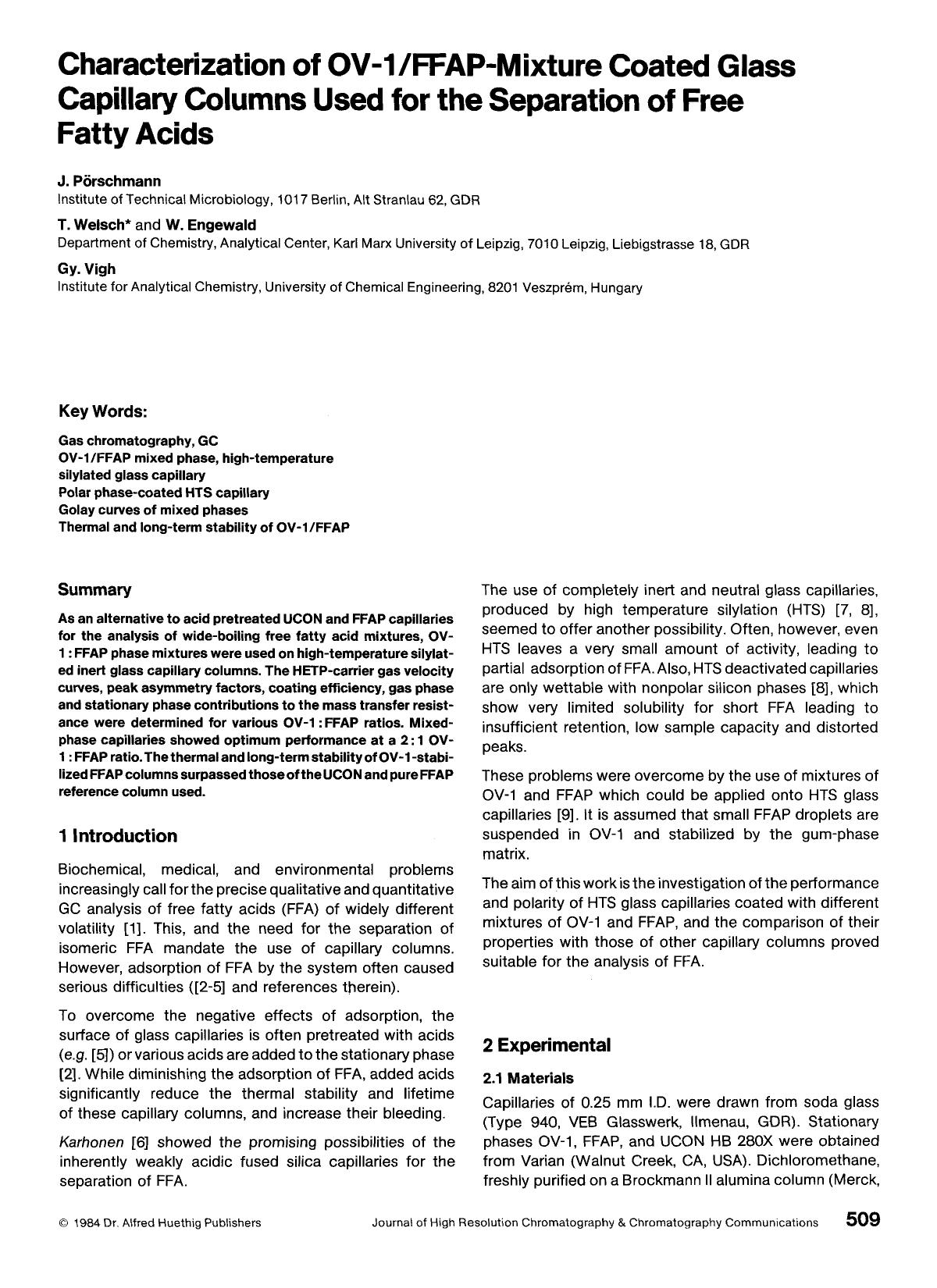 Characterization of OV-1FFAP-mixture coated glass capillary columns used for the separation of free fatty acids by Unknown